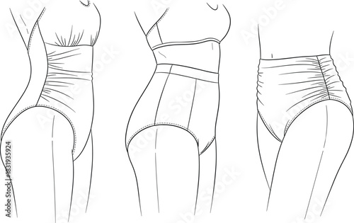 Retro High-Waisted Swimsuit Bottoms Vector Line Art Set Illustrating Ruched Details and Body Contouring for Vintage Fashion, Beachwear, and Lingerie Design Concepts