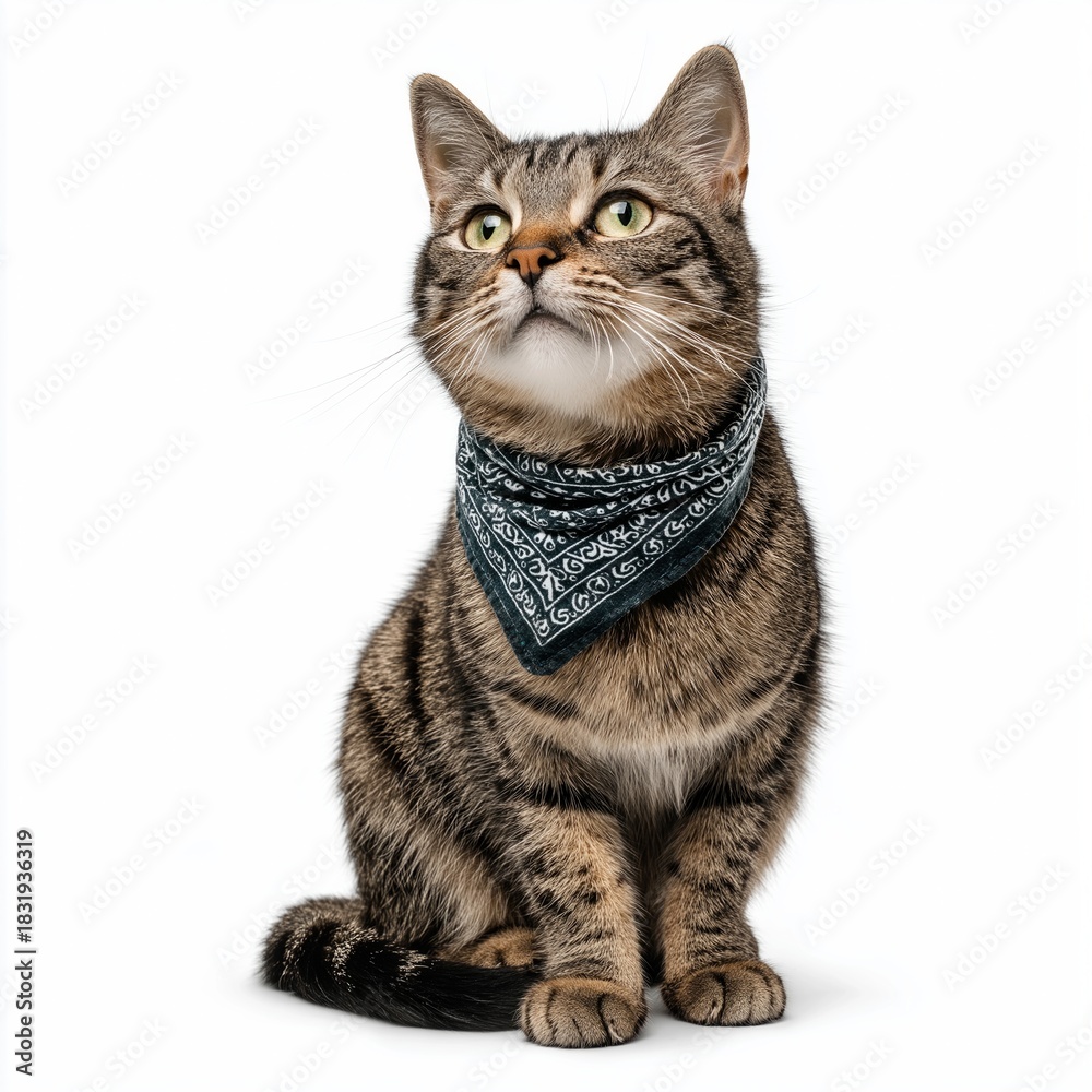 Fototapeta premium Tabby Cat Wearing Blue Bandana Studio Portrait