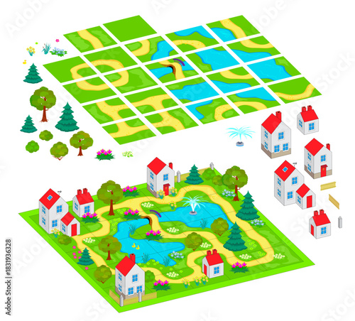 Set of 3d isometric tiles for creating video game or educational paper puzzle for children. Create your own fantasy town with houses, streets, lakes, trees and gardens. Hand drawn flat vector image