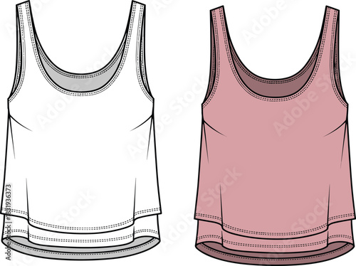 Front view fashion tank tops with layered hem, sleeveless scoop neck design, white and pink apparel illustration for vector stock.