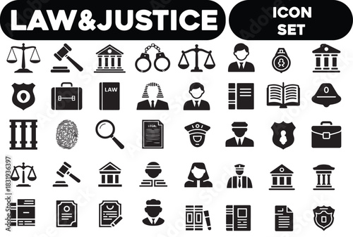 Law and Justice Black Silhouette Line Icon Set Vector Illustration .set liner vector with white background