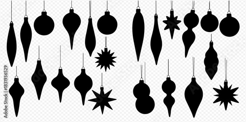 Silhouetted Christmas ornaments hanging from strings, creating a festive and decorative display.