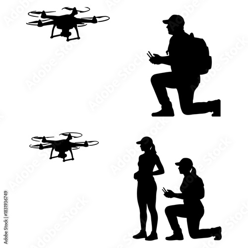 Silhouette of a man and women controlling a drone with a remote