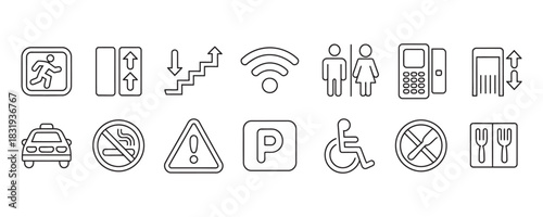Essential collection of line icons representing public services and amenities for travel and everyday life providing guidance and convenience
