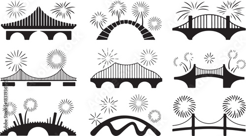 Set of bridge and firework silhouette icons for urban celebrations and landmarks Keywords: bridge, bridges, structure, architecture, firework, fireworks, explosion, celebration, event, festival