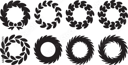 Set of Eight Black Silhouette Wreath and Laurel Circle Icons on White Background Keywords: wreath, laurel, circle, frame, border, decorative, design element, icon, set, collection, graphic