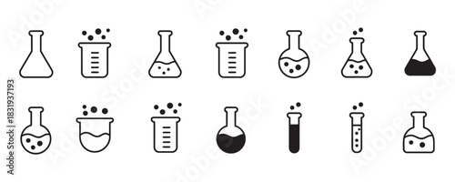 Science beakers and test tubes icons for chemistry, laboratory, and medical research with a clean and modern design style