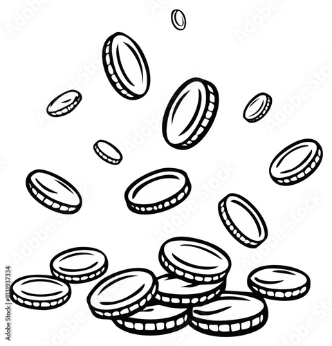 Black and white cartoon coins falling down onto a pile, wealth and fortune symbol