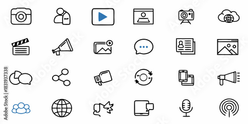 Collection of various social media and communication icons including camera, megaphone, and global network