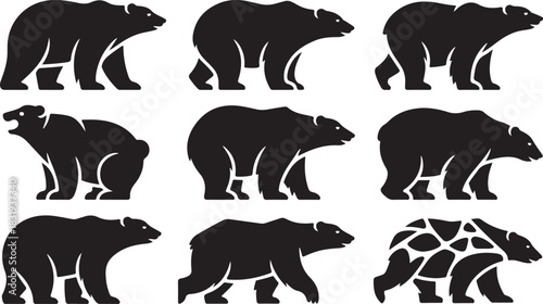 Set of nine black silhouette bear icons in various poses and styles Keywords: bear, silhouette, icon, animal, wildlife, mammal, nature, graphic, design, element, illustration, black and white