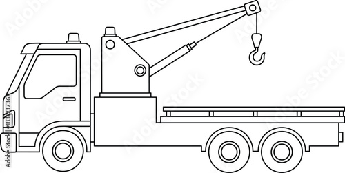 Tow, truck, line, drawing, silhouette, flatbed, crane, hook, hydraulic, cab, wheels, vector, black, transport, vehicle, mechanical, equipment, lift, recovery, flavector