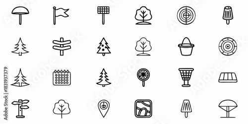 Illustration of assorted outdoor and recreational themed icons including trees signs and food items in black