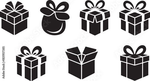 Set of Gift Box and Present Icons with Ribbons and Bows Keywords: gift box, present, gift, box, package, parcel, ribbon, bow, celebration, birthday, holiday, Christmas, surprise, opening, unboxing