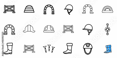 Collection of equestrian themed icons featuring horse shoes helmets and riding boots in a simple line style