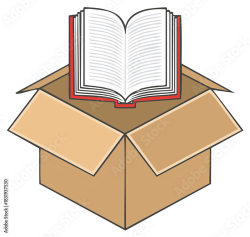 Open red book standing upright in a brown cardboard box representing education delivery