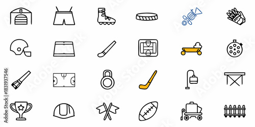 Icons depicting sports equipment, construction tools, and recreational objects arranged in a grid