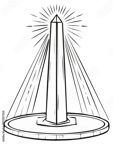 Tall historic monument or obelisk glowing with beams of light line art drawing