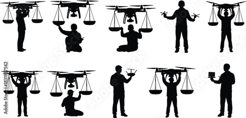 Set of Vector Silhouettes Illustrating the Use of Drones for Legal and Justice Concepts, Showing Men Holding a Quadcopter and Scales of Balance in Various Poses