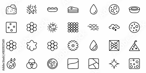 Illustration of assorted line art icons including food items, water droplets, and geometric shapes grid pattern