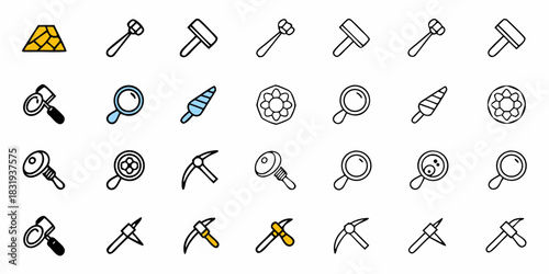 Illustration showing an assortment of mining tools, magnifying glasses, and a pile of gold bricks icons
