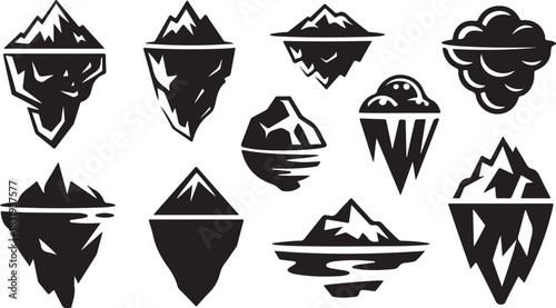 Set of ten black and white iceberg and mountain silhouette icons with water elements Keywords: iceberg, icon, silhouette, mountain, snow, ice, cold, arctic, antarctic, glacier, frozen, winter
