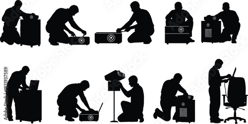 Set of people soldering and repairing electronics silhouette vector, technician engineer working on circuit boards, hardware manufacturing and assembly concept, DIY electronics hobby graphic pack.