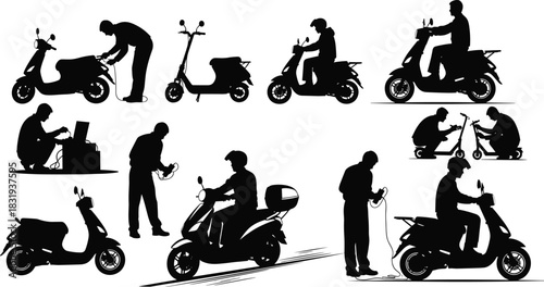 Set of people adjusting video projectors silhouette vector, conference presentation setup and testing concept, business meeting equipment preparation, audio visual worker graphic element pack.