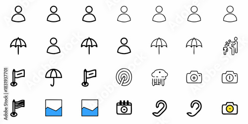 A collection of various black outlined icons including people umbrellas flags and other miscellaneous objects