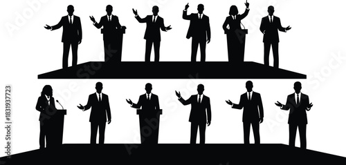 Political Debate and Public Speaking Silhouettes: Diverse Group of Business Leaders, Candidates, and Orators Delivering Speeches from Podiums and Stages, flavector