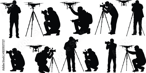 Photography, drone, silhouette, camera, tripod, operator, launch, kneeling, crouching, posture, vector, black, pose, aerial, tech, equipment, setup, adjustment, capture, flavector