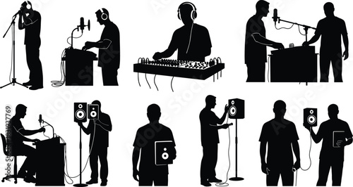 Music, production, silhouette, recording, studio, microphone, speaker, tablet, console, headphones, vector, black, pose, audio, mix, sound, setup, collaboration, equipment, flavector