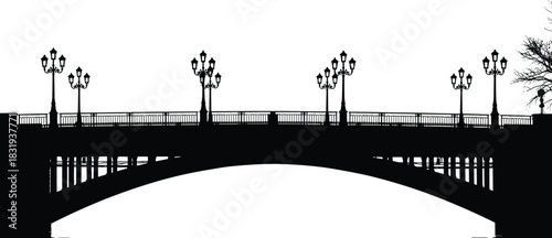 Ornate arched bridge silhouette vector with vintage street lamps, isolated antique city architecture illustration, black historic crossing concept, elegant infrastructure graphic design element.