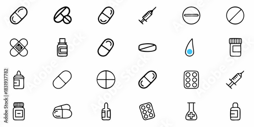 Collection of medical icons featuring pills syringes and various medicine related symbols in black outline