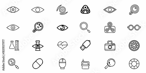Collection of various line art icons including eyes, medical, and technology items in black and white