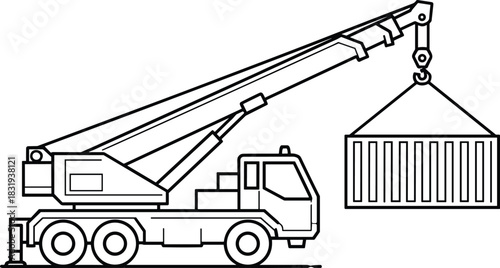 Mobile Crane Truck Lifting Shipping Container Line Art Illustration Heavy Machinery Construction Cargo Logistics Transportation Vehicle Outline Icon, Isolated on White Background.