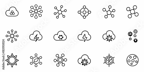 Collection of outline icons featuring clouds, sun, gears, and network connections in a row format