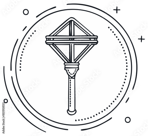 Hand drawn illustration of a medieval mace weapon in a circular frame with decorative elements