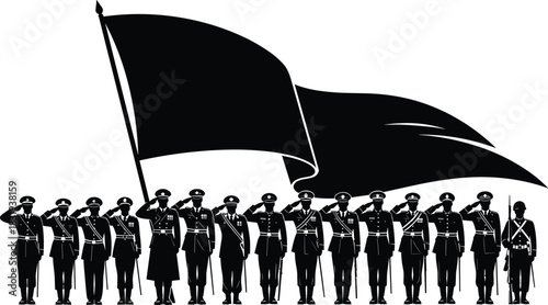 Military, personnel, silhouette, salute, flag, uniform, honor, patriotism, formation, vector, black, pose, ceremony, service, rank, headgear, unity, tradition, defense, flavector