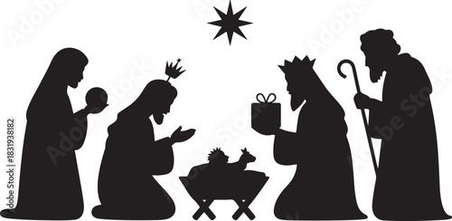 Birth of Christ, baby Jesus reaching the Magi bear gifts, three wise kings and star of Bethlehem, nativity Christmas graphics design .vector illustration silhouette with out background