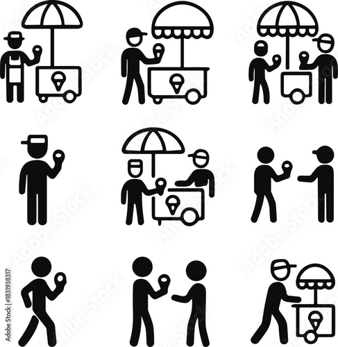 Ice cream cart silhouette vector set, street vendor icons, black flavector shapes, customer interaction, summer treat theme, outdoor snack scene, white background, playful design