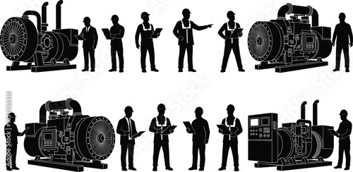 Industrial, worker, silhouette, machinery, generator, engine, clipboard, discussion, safety, hardhat, factory, power, equipment, vector, black, pose, inspection, teamwork, maintenance, flavector