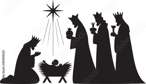 Birth of Christ, baby Jesus reaching the Magi bear gifts, three wise kings and star of Bethlehem, nativity Christmas graphics design .vector illustration silhouette with out background