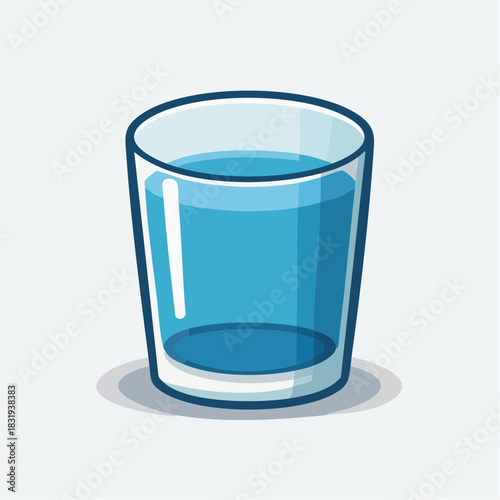 Clear Glass Filled With Blue Water With Shadow and Light Reflections On White Background