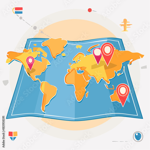 Stylized World Map With Red Location Pins And Travel Icons Showing Global Destinations And Connected Routes