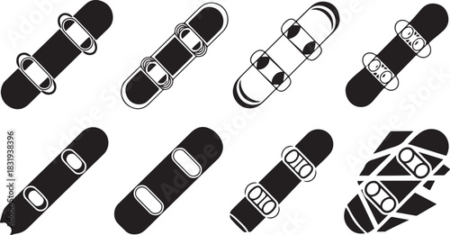 Snowboards with bindings in various styles and patterns on a white background silhouette