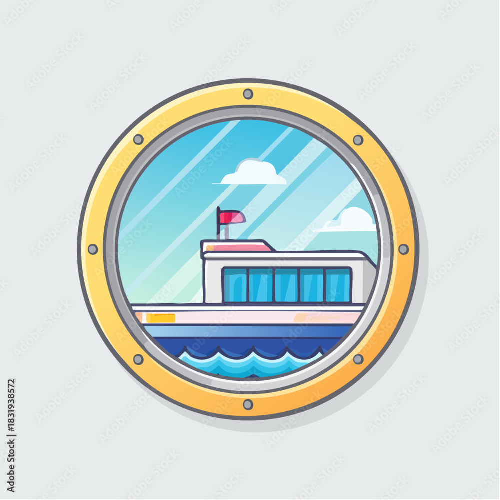 Obraz premium View Through A Porthole Of A Modern White Ship Sailing On Blue Water Under A Cloudy Sky With A Red Flag