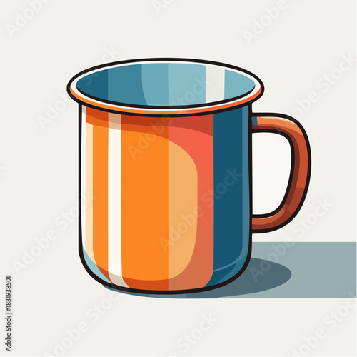 Vintage Enamel Mug With Orange Blue Stripes And Handle Isolated On Light Beige Background Studio Lighting