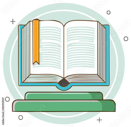 Open book with a bookmark on a stack of books simple cartoon illustration for education and knowledge