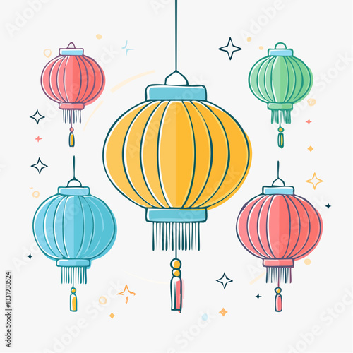 Collection Of Colorful Chinese Lanterns Hanging Against A Light Background With Star Accents