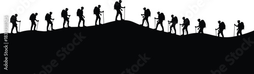 Hiking, group, silhouette, terrain, backpack, stick, hill, ascent, descent, outdoor, vector, black, pose, adventure, unity, movement, exploration, trail, nature, flavector